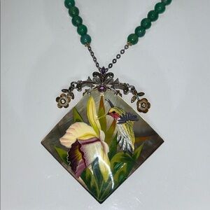 NWT Genuine Amethyst Gemstone Painted Hummingbird Shell Necklace Bohemian Boho